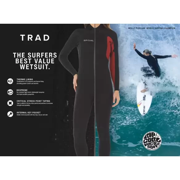 Rip Curl Trad Flat Lock Back Zip 3/2mm Women's Black Wetsuit