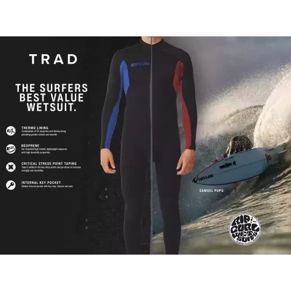 Fato de neoprene Rip Curl Trad Flat Lock Back Zip 3/2mm Preto
