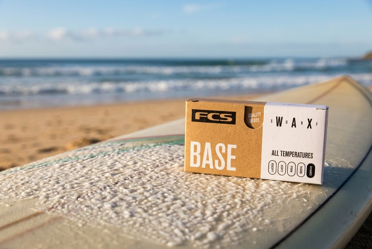 Base de cera para tabla de surf sobre una tabla en la playa, lista para encerar. para qué sirve la cera en la tabla de surf.