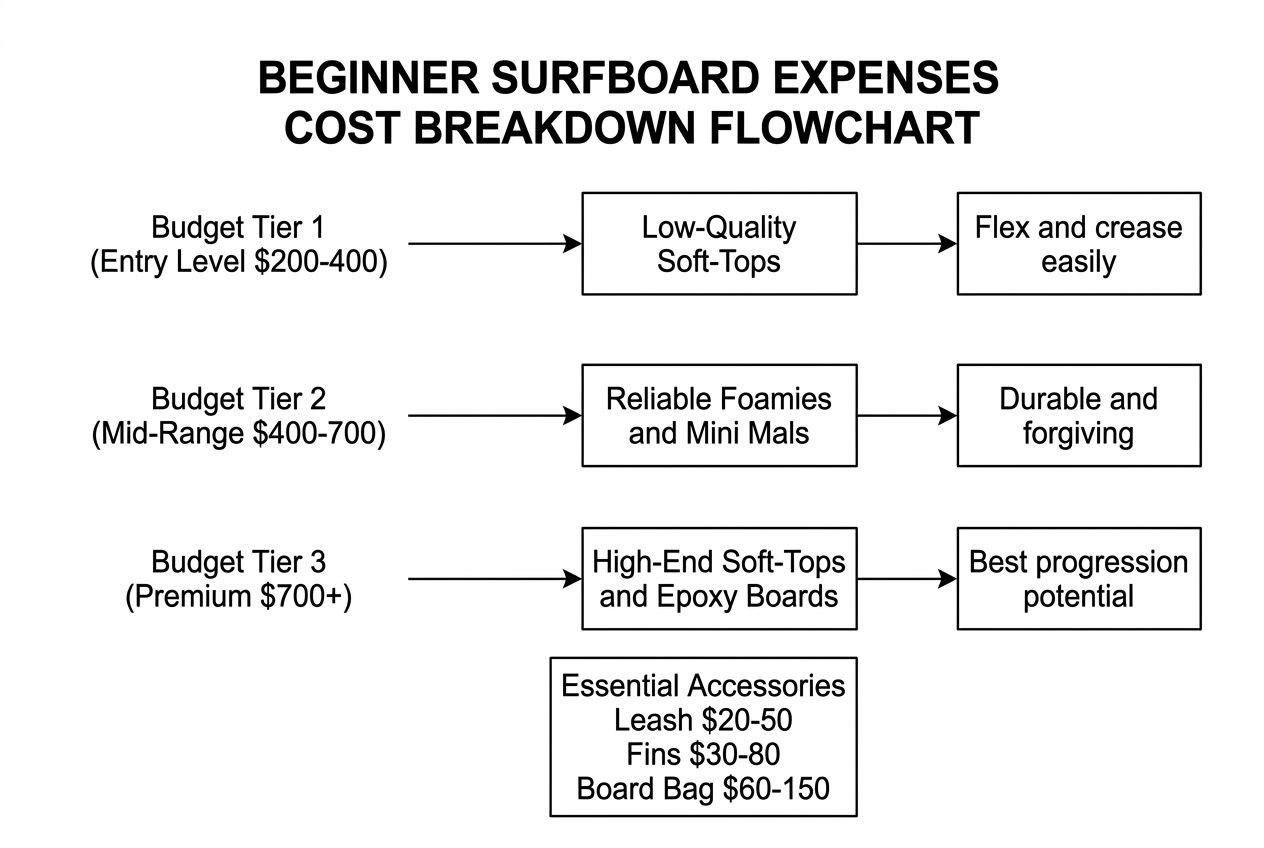 Beginner surfboard expenses flowchart: three budget tiers map to product options and outcomes, with an accessories box at the bottom.