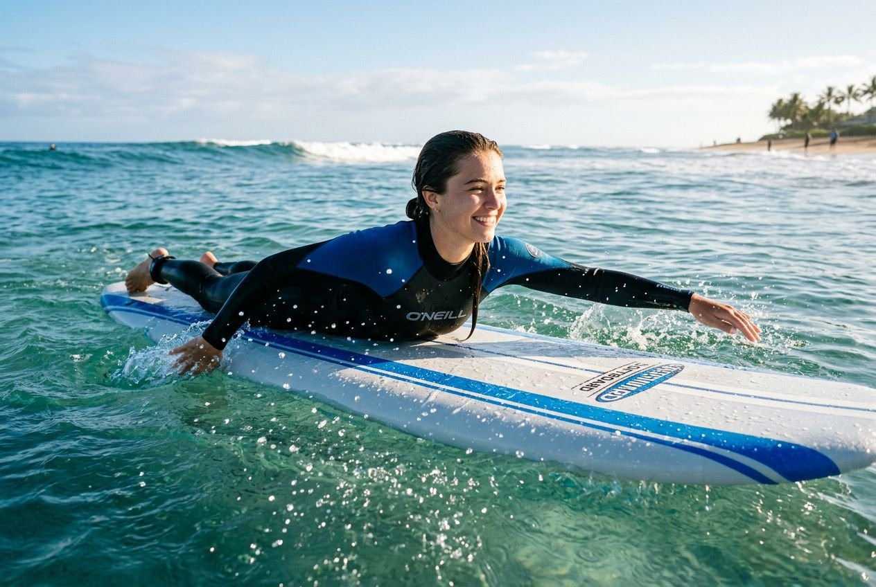 Beginner surfboard guide: how to choose your first board shown by a smiling surfer paddling on a blue and white surfboard in clear ocean water. surfboard buying guide beginners for context.