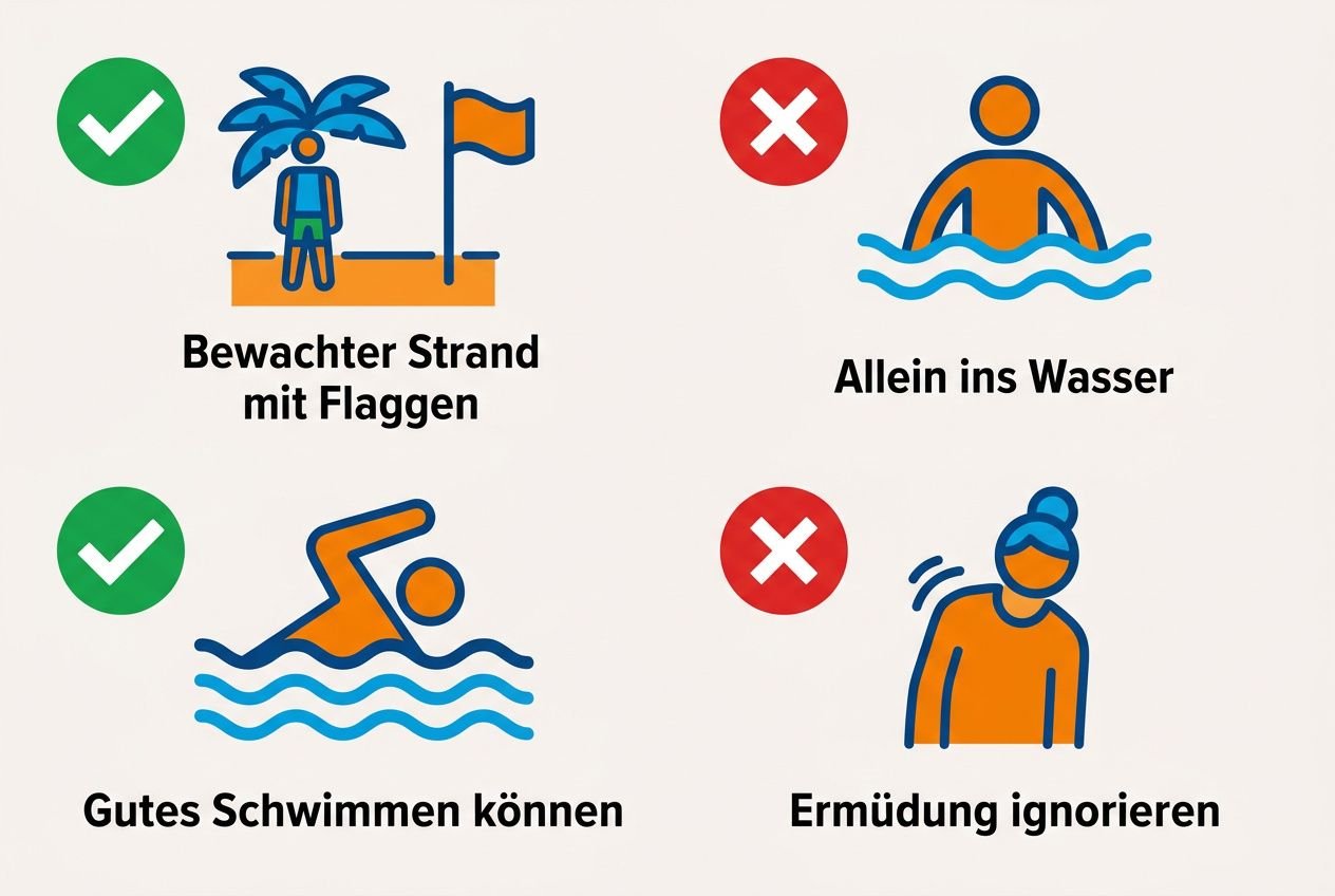 Dieses Bild zeigt eine Sicherheits-Checkliste zum Bodyboarden: Bewachter Strand mit Flaggen, „Gutes Schwimmen können“, und Warnhinweise wie „Allein ins Wasser“ sowie „Ermüdung ignorieren“; Hinweis für Anfänger beim bodyboarden lernen für anfänger.
