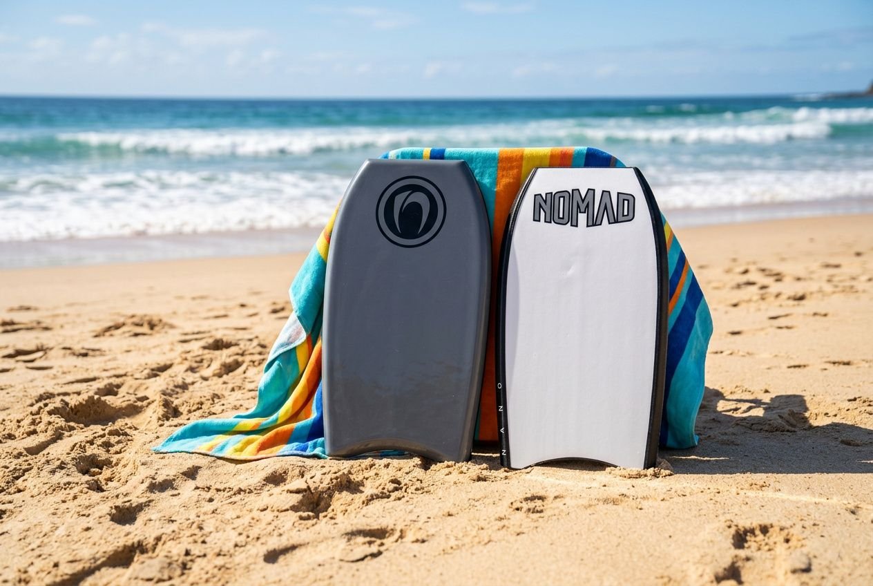 Bodyboard per bambini quale scegliere: due tavole da resina e utile coperta colorata sulla spiaggia.