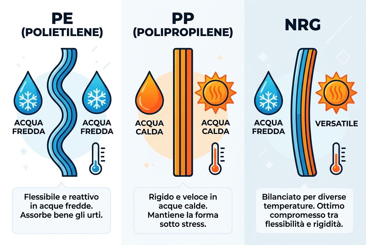 Bodyboard per bambini quale scegliere presenta tre tipologie di tavole: PE (polietilene) per acqua fredda, PP (polipropilene) per acqua calda e NRG equilibrata.
