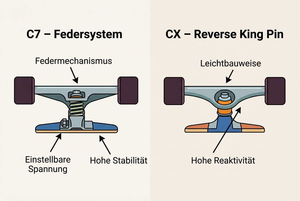 C7 – Federsystem und CX : Reverse King Pin: Federmechanismus, einstellenbare Spannung, hohe Stabilität versus Leichtbauweise und hohe Reaktivität : Surfskate marken vergleich.