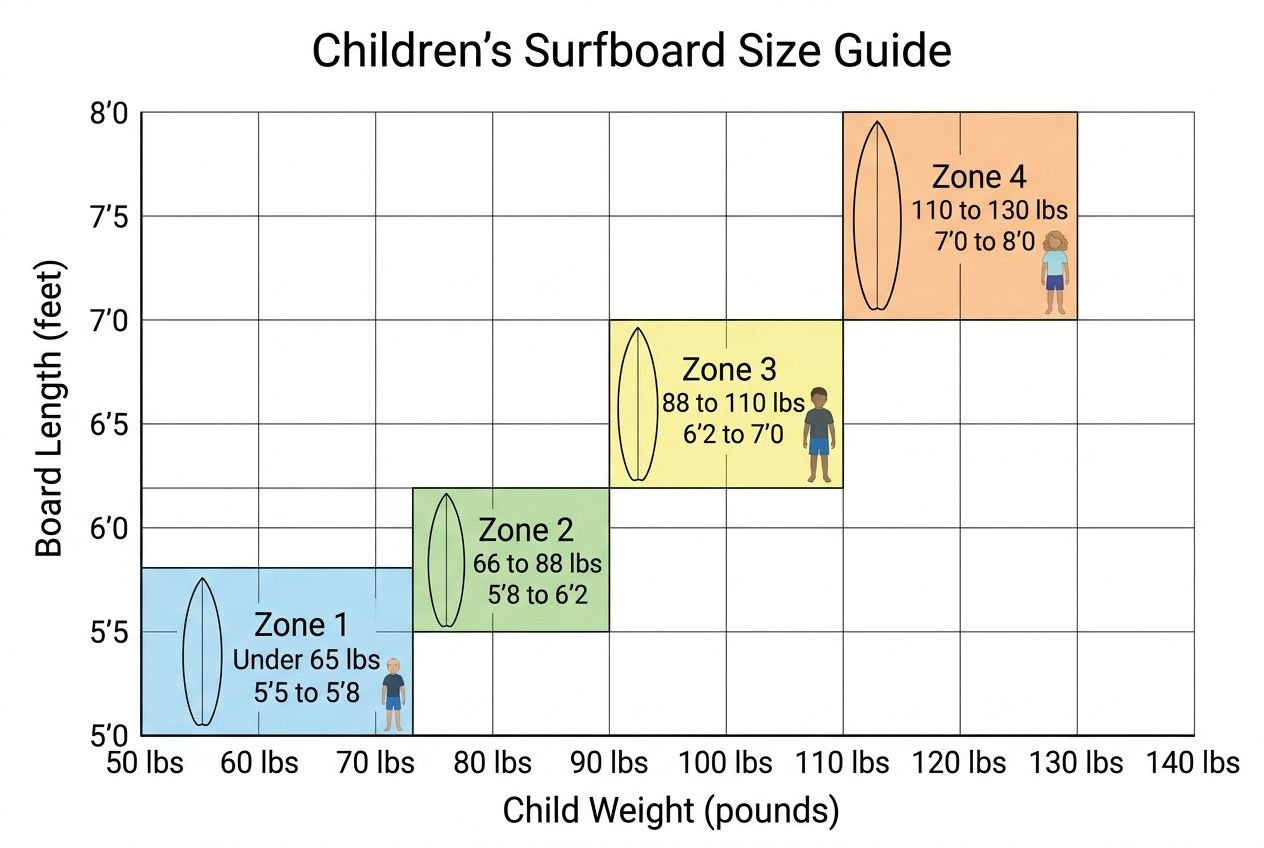 Children’s Surfboard Size Guide chart showing four zones by child weight and board length: Zone 1 (under 65 lbs, 5’0”–5’8”), Zone 2 (66–88 lbs, 5’8”–6’2”), Zone 3 (88–110 lbs, 6’2”–7’0”), Zone 4 (110–130 lbs, 7’0”–8’0”). Includes labels and simple illustrations. How to choose a surfboard for kids guidance.