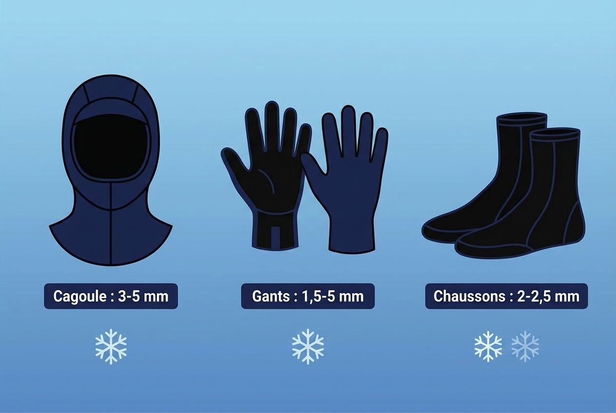Combinaison néoprène eau froide et accessoires: cagoule, gants et chaussons adaptés pour nage en eau froide, avec épaisseurs indiquées.