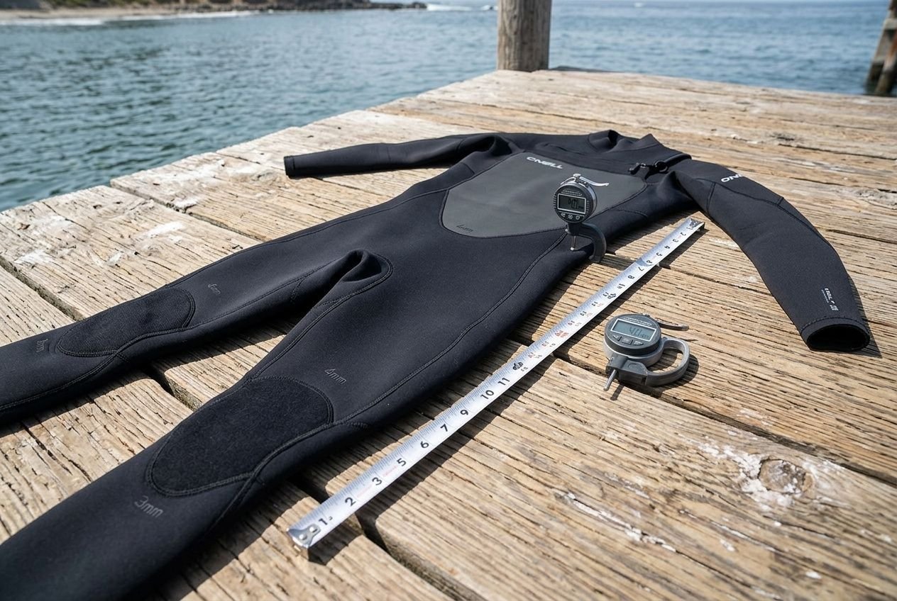 Combinaison néoprène noire étendue sur une jetée, avec mètre ruban et stylo de mesure à côté, prête pour évaluer l’épaisseur combinaison néoprène selon température.