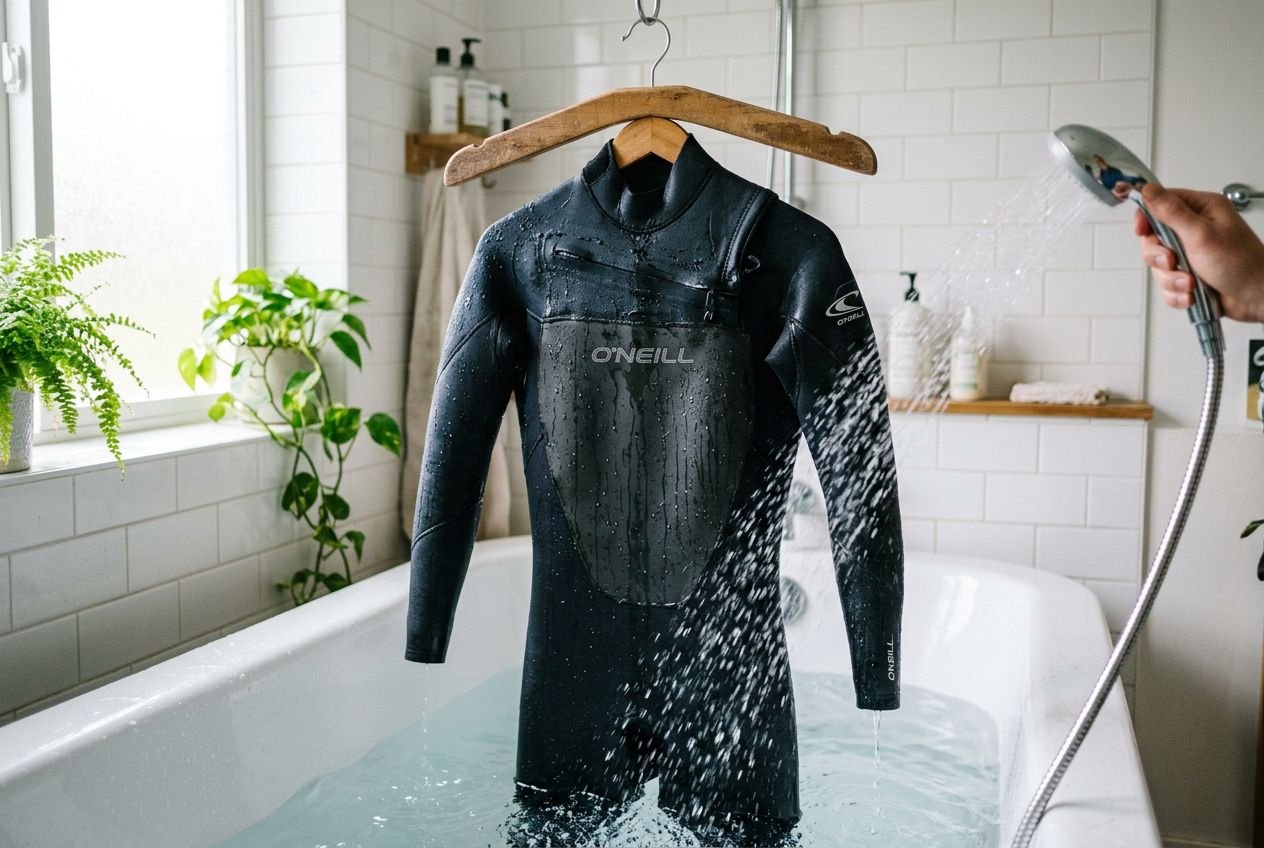Combinaison néoprène noire suspendue à un portemanteau au bord d’une baignoire, sous une douche, prête au rinçage après séance de sport aquatique. entretien combinaison néoprène.