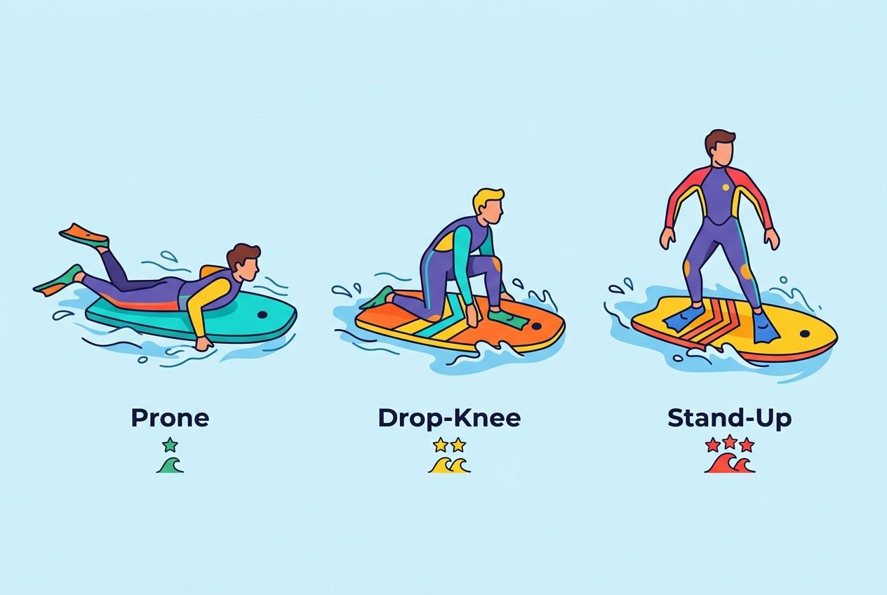 Comment se positionner sur un bodyboard: démonstration des postures Prone, Drop-Knee et Stand-Up sur une planche.