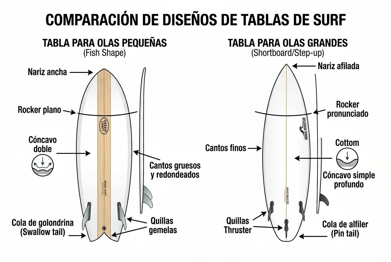 Comparación de diseños de tablas de surf: olas pequeñas y olas grandes, con detalles de quillas, nariz y cola del paddleboard. tipo de pala y cóncavos señalados.