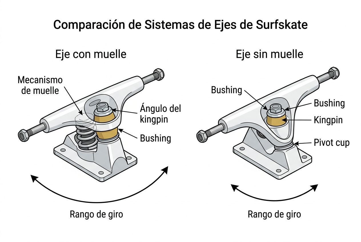 Comparación de sistemas de ejes de surfskate: eje con muelle y eje sin muelle, mostrando componentes como muelle, kingpin, bushing y rango de giro.