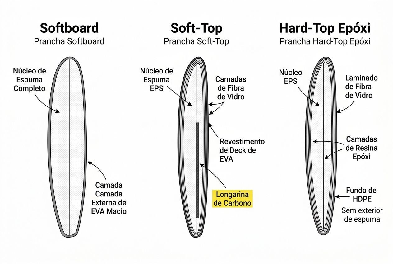 Comparativo das pranchas: Softboard, Soft-Top e Hard-Top Epóxi com camadas de espuma, fibra de vidro e EVA; destaque para a longa de carbono no Soft-Top.