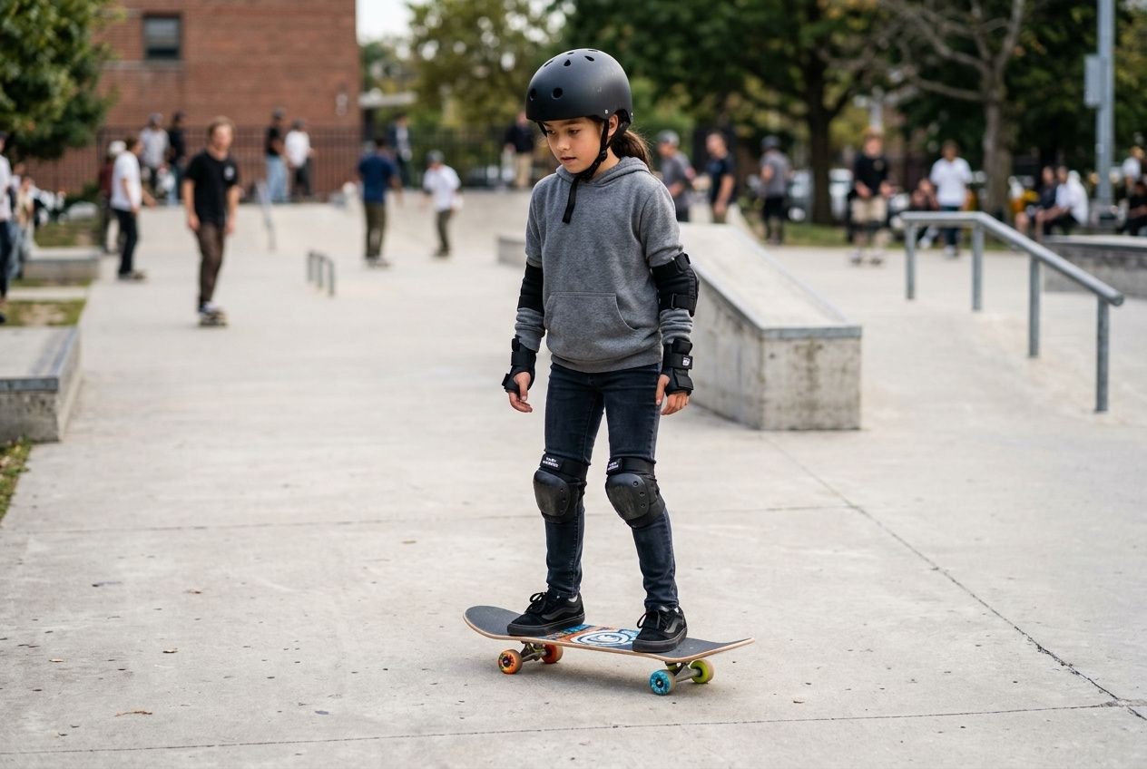 Criança de capacete e proteção patinando em skateboard no skatepark, equilibrando-se sobre o longboard com rodinhas coloridas. Qual skate comprar para iniciantes se aplica naturalmente.
