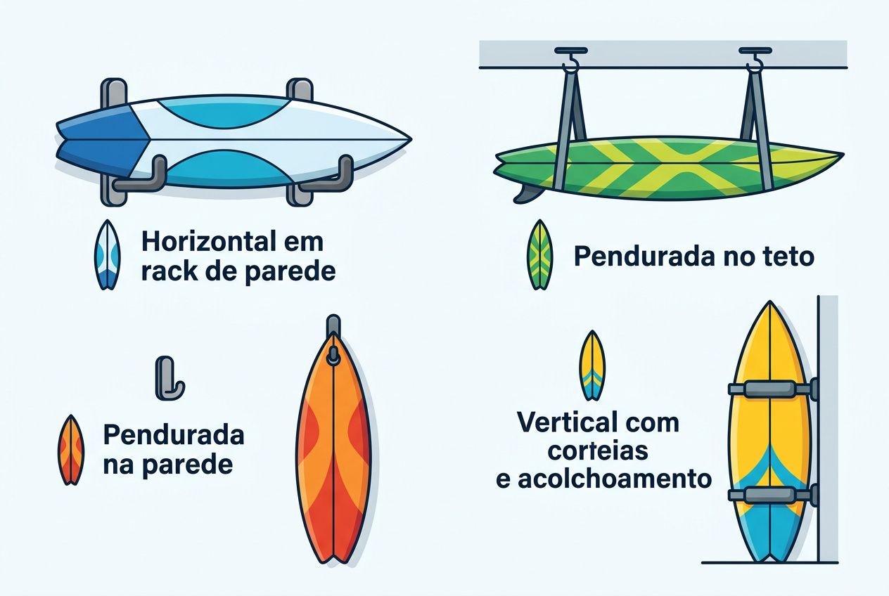 Como cuidar prancha de surf: diagrama mostra tipos de pendurar prancha e rack, com prancha horizontal, pendurada no teto e na parede, e outra na vertical com acolchoamento.
