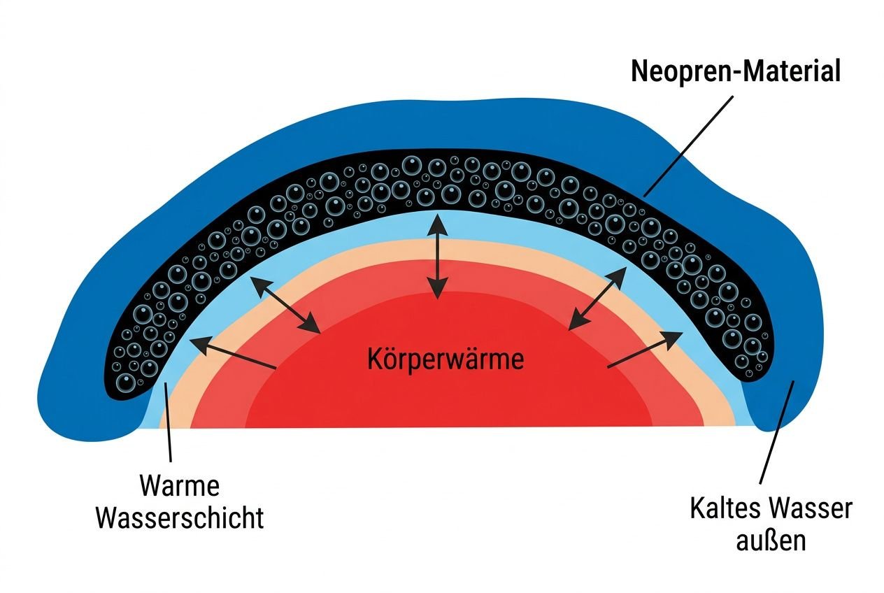 Curve-cutaway cross-section of a wetsuit showing neoprene material, warm inner core, and cold outer water, illustrating how thickness relates to water temperature. neoprenanzug dicke wassertemperatur.