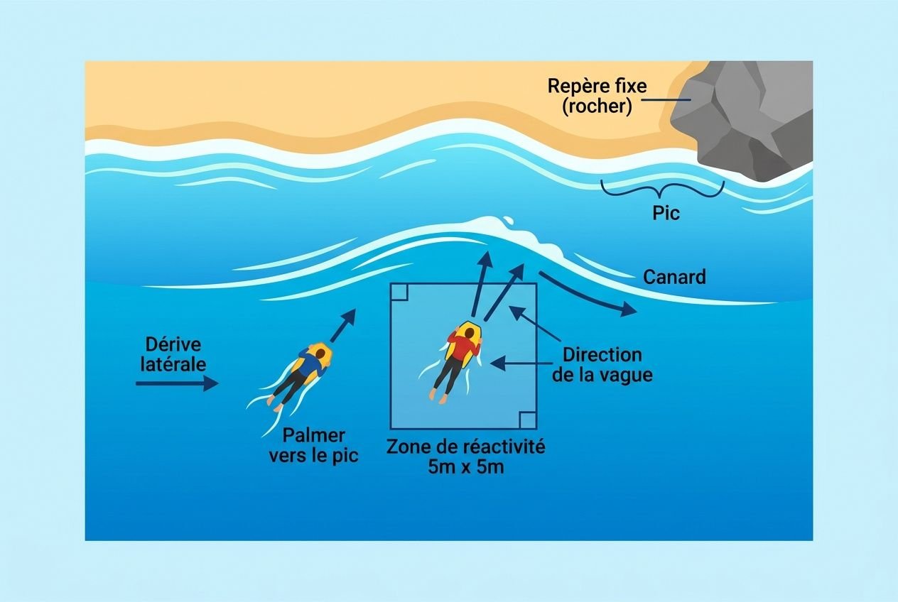 Dessinate montrant une session de bodyboard au large: un rider dans une zone réactive 5m x 5m, prise de direction et canard, dérive latérale et palmer vers le pic, repère fixe roche et canard. intégrer “comment passer les vagues en bodyboard” naturellement.