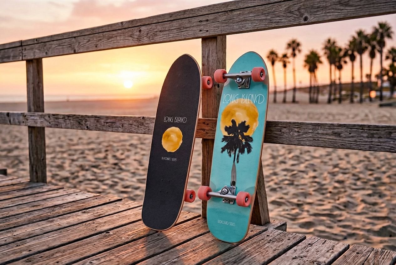 Deux cruiser skateboards appuyés contre une rambarde en bois sur une jetée au coucher du soleil, l’un noir avec logo et l’autre turquoise avec palmier et soleil.