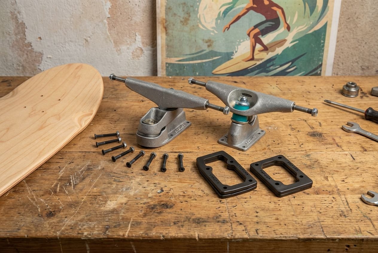 Deux trucks de surfskate montés sur leur base métallique, accompagnés de boulons, rondelles et des plaques noires, sur un établi en bois avec une planche à bois et une affiche de surfeur en arrière-plan. Surfskate pour progresser en surf.