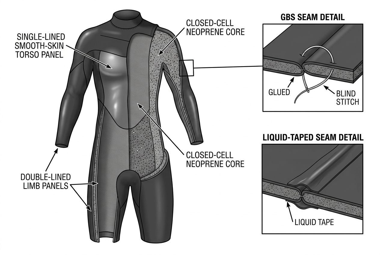 Diagram of a full-body wetsuit with cutaway sections showing neoprene panels, seams, and seals; includes GBS seam detail and liquid-taped seam detail.