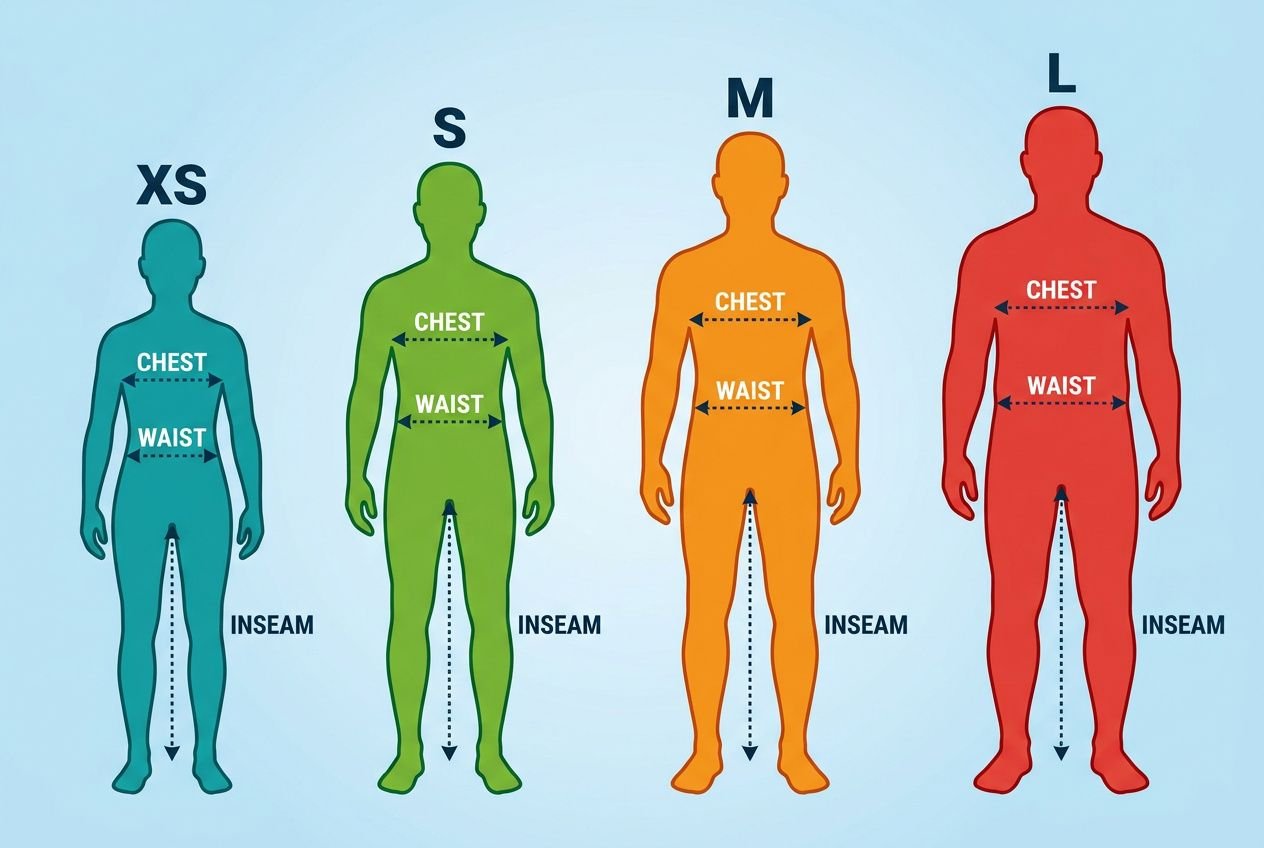Diagram showing four human silhouettes in XS, S, M, L with chest, waist, and inseam measurement arrows for sizing wetsuits. How to choose a wetsuit for surf.