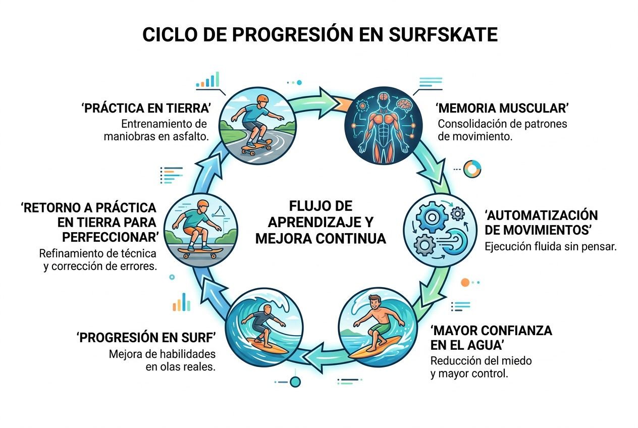 Diagrama circular que explica el ciclo de progresión en surfskate, mostrando fases como práctica en tierra, memoria muscular, automatización, mayor confianza en el agua y progresión en surf. incluye texto "beneficios del surfskate".