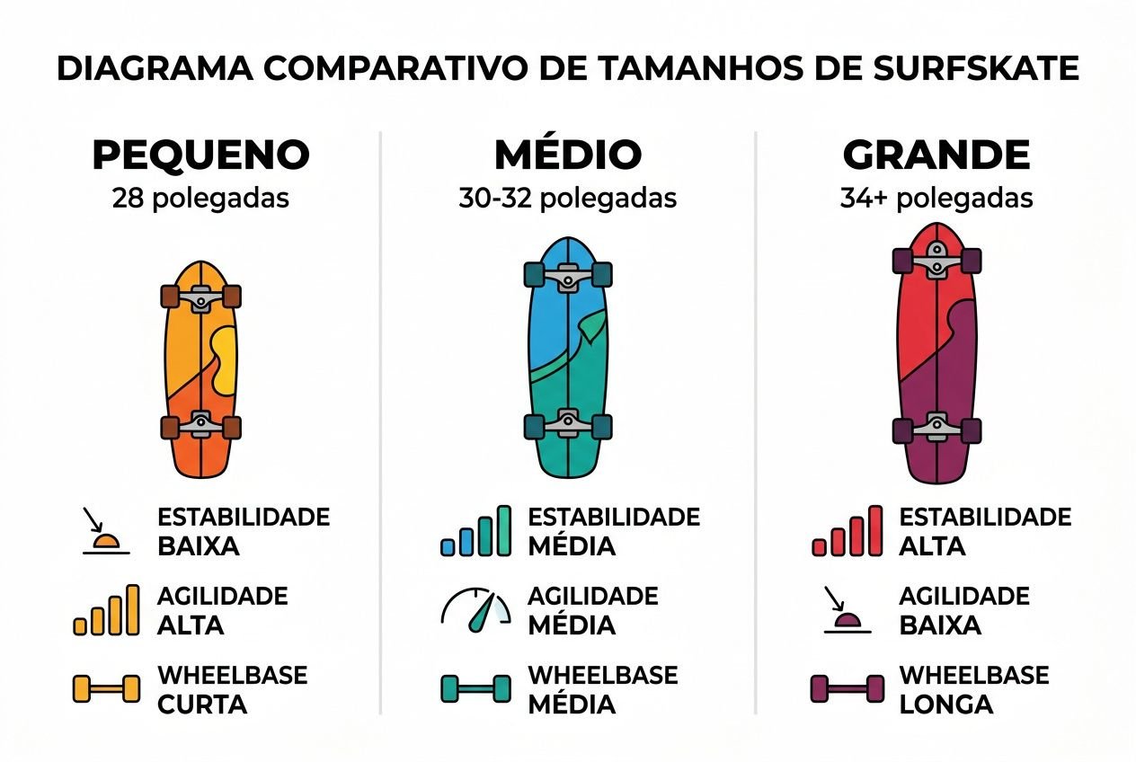 Diagrama comparativo de tamanhos de surfskate: pequeno, médio e grande, com cores, rodas e ícones de estabilidade, agilidade e wheelbase. surfskate o que é integrado contextualizando o guia completo sobre surfskates.