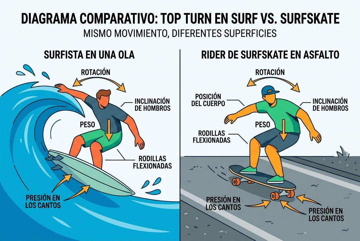 Diagrama comparativo: top turn en surf vs. surfskate, mostrando diferencias de movimiento y superficies. Beneficios del surfskate destacados.