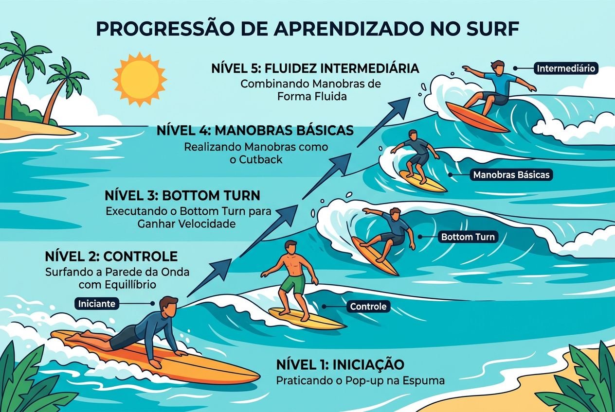 Diagrama educativo sobre a progressão de aprendizado no surf, com várias fases desde a iniciação até o nível intermediário, ilustrando pranchas, ondas e surfistas. Inclui dicas de técnica e conceitos como controle, manobras básicas, bottom turn e fluidez. (como aprender a surfar do zero)