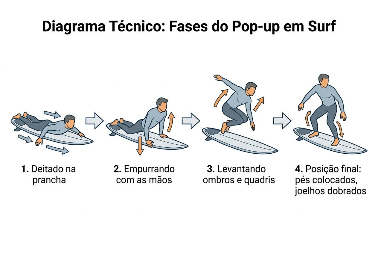 Diagrama técnico mostrando fases do pop-up em surf: deitado na prancha, empurrando com as mãos, levantando ombros e quadris, posição final com pés colocados e joelhos dobrados. Integrado: como aprender a surfar do zero.