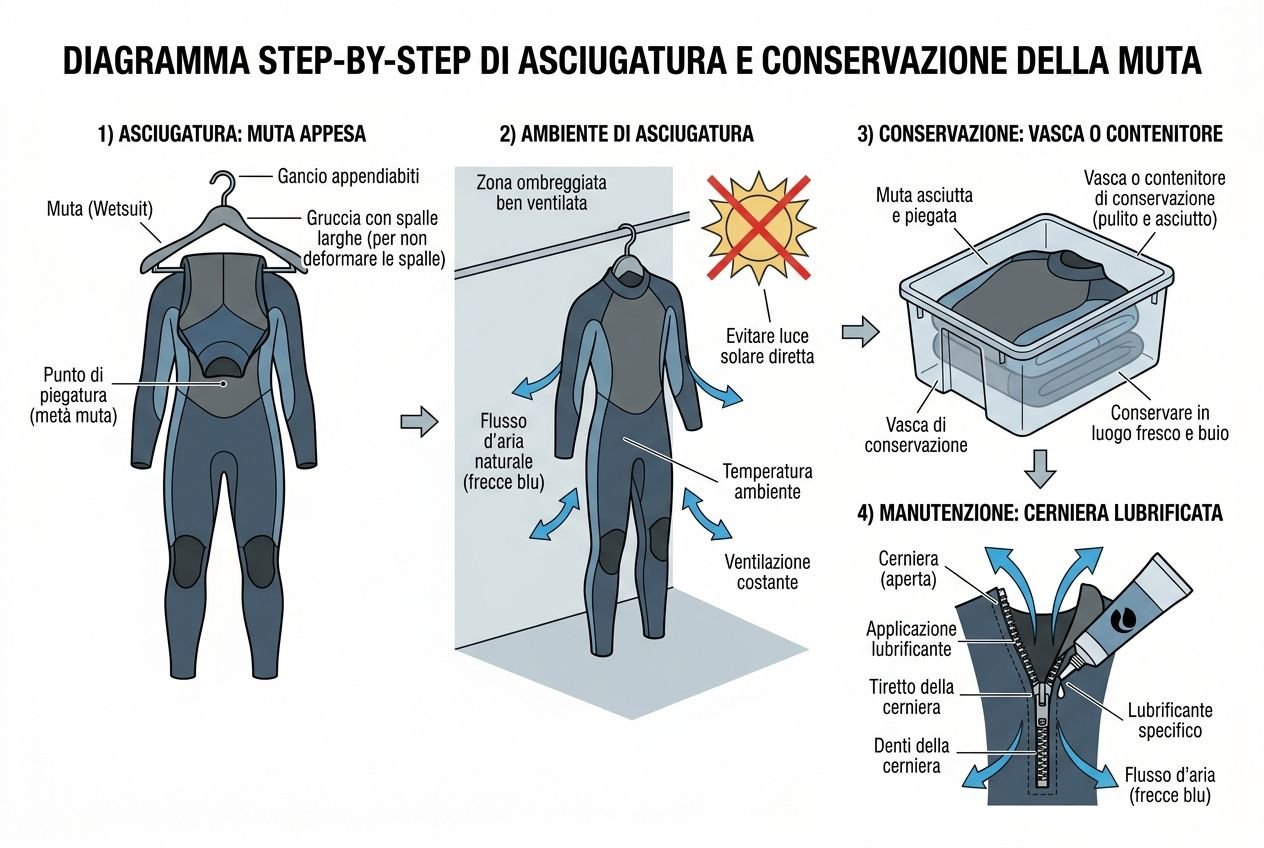 Diagramma step-by-step: asciugatura e conservazione della muta in neoprene, con ventilazione, contenitore di conservazione e lubrificazione della zip, conforme al tema “come lavare la muta in neoprene”