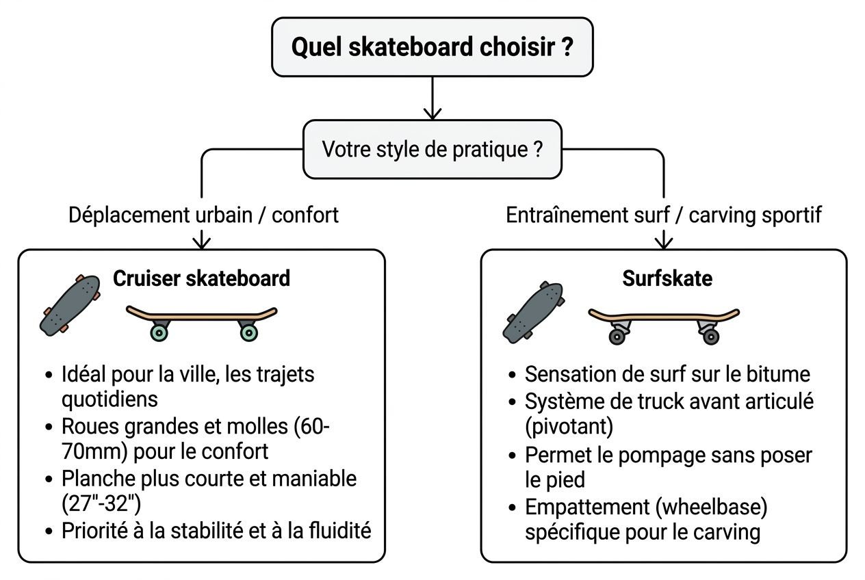 Diagramme comparatif : cruiser skateboard vs surfskate avec critères pratiques et roues, pour déplacements urbains et entraînement sportif. Cruiser skateboard mis en avant.