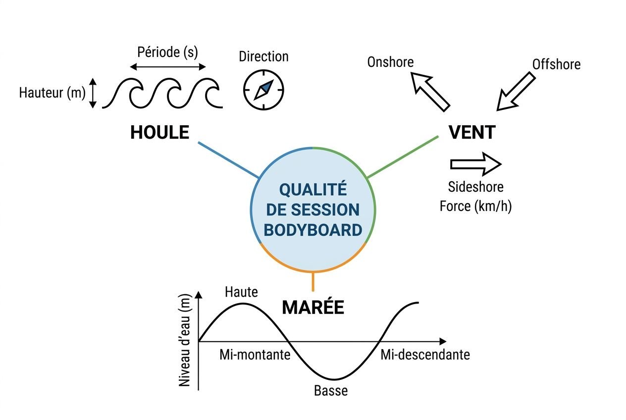Diagramme illustrant la qualité de session bodyboard avec houle, vent et marée; flux et direction, vitesse, et niveau d’eau. Intègre aussi le concept de "comment passer les vagues en bodyboard" dans le cadre d’un guide technique.