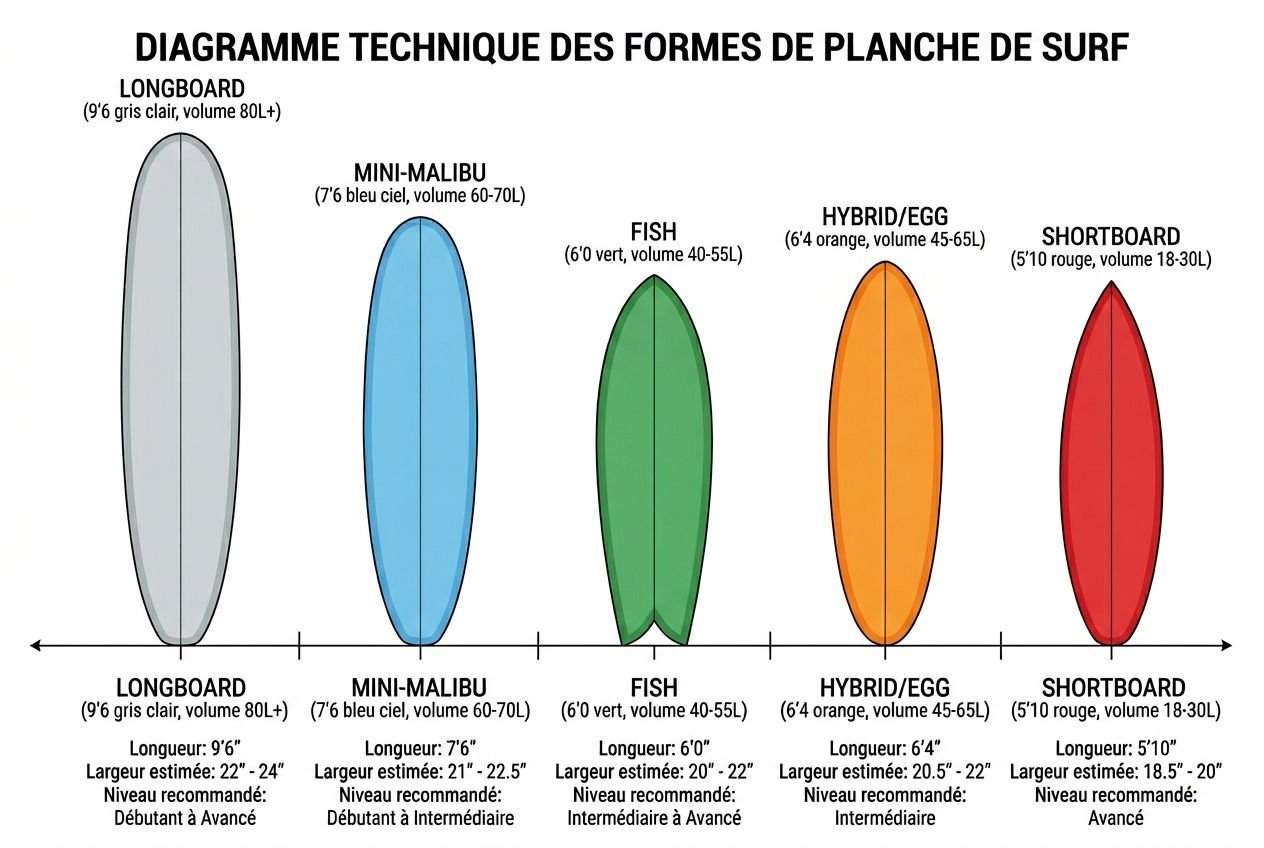 Diagramme technique des formes de planche de surf montrant longboard, mini-malibu, fish, hybride/egg et shortboard avec longueurs et volumes recommandés. Comment choisir sa planche de surf taille poids.