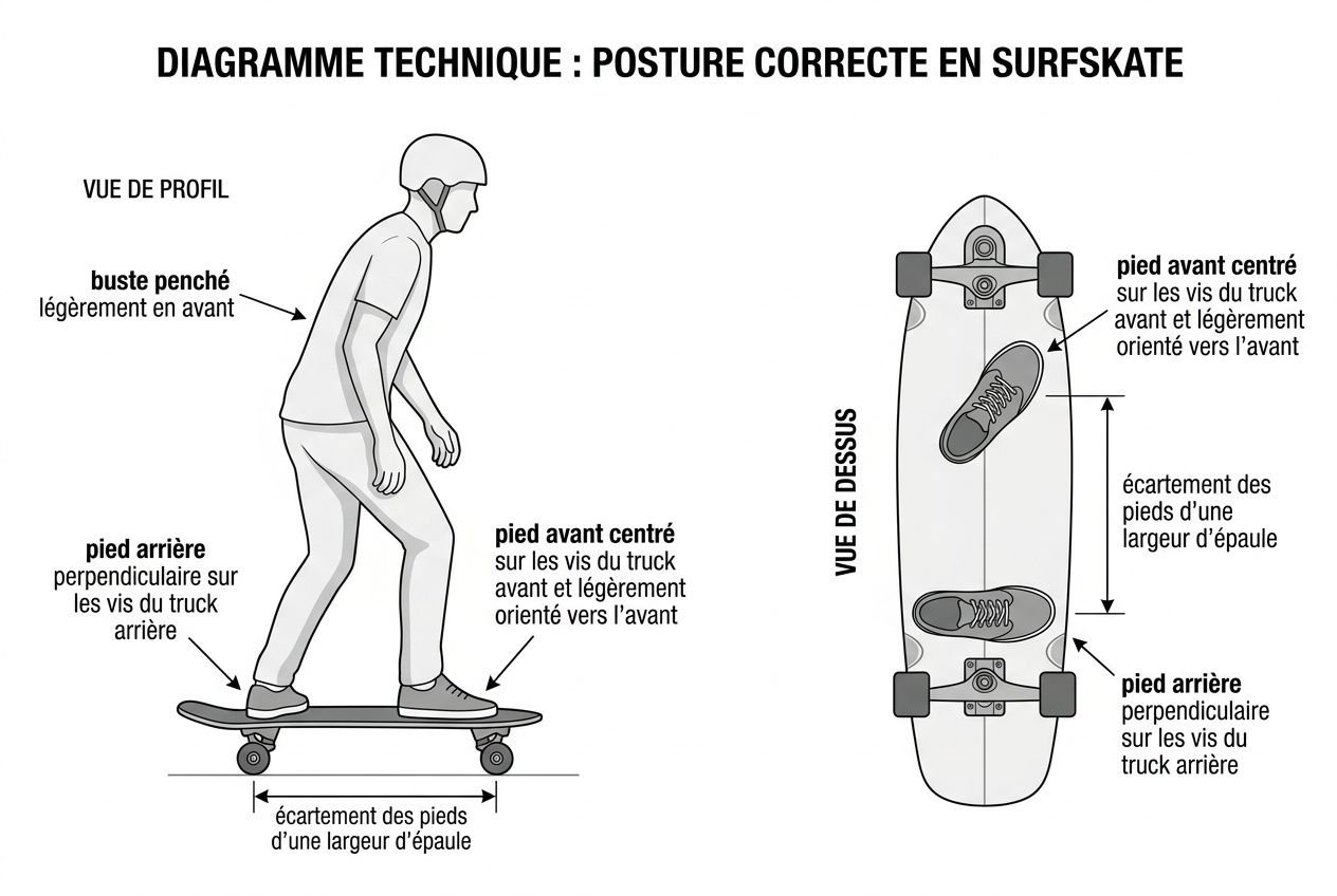 Diagramme technique : posture correcte en surfskate montrant équilibre sur le plateau et positions des pieds, cadre et flèches décrivant l’écartement et l’alignement.