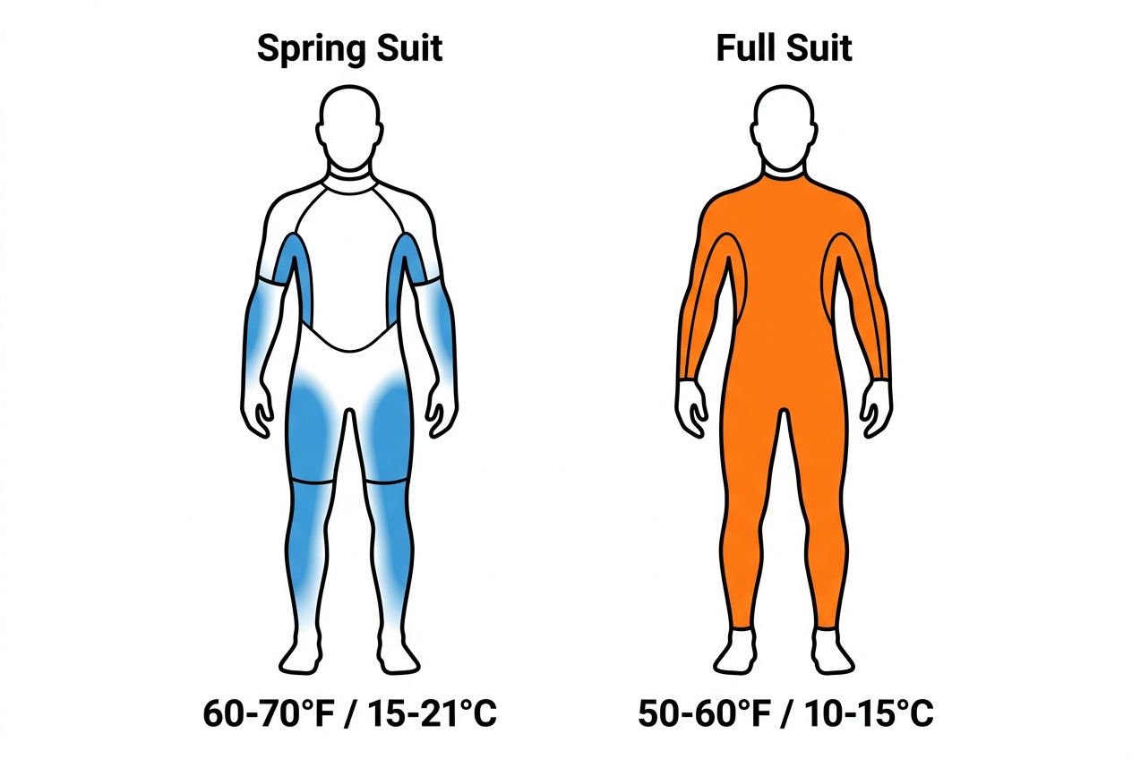 Difference between a spring suit and a full suit: side-by-side wetsuit diagrams showing a blue spring suit with shorter arms/legs and an orange full suit covering the entire body.