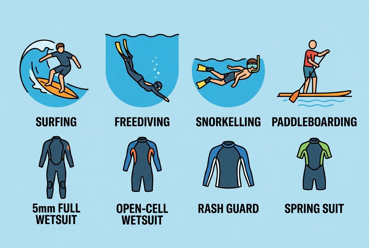 Differences in water sports gear: icons show surfing, freediving, snorkelling, paddleboarding, and garments like 5mm full wetsuit, open-cell wetsuit, rash guard, and spring suit.