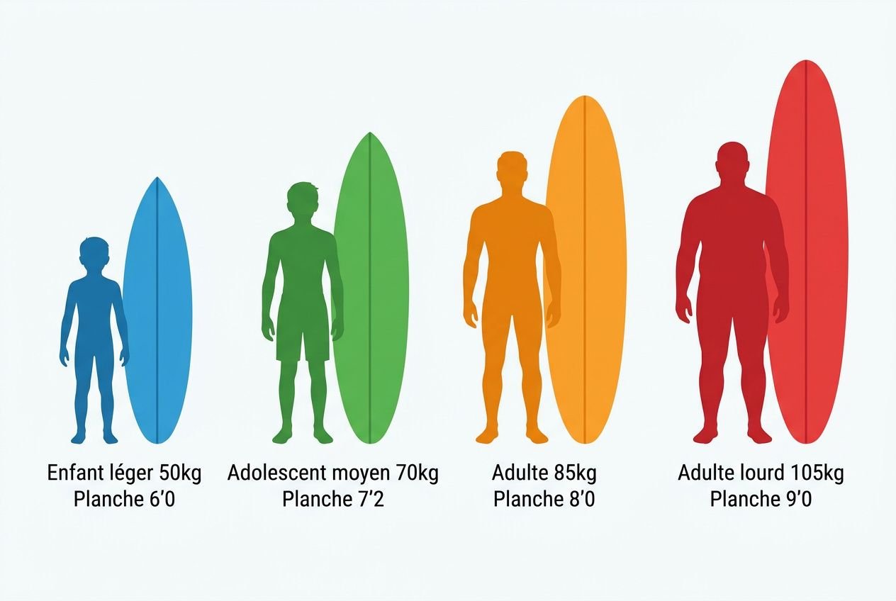 Différentes tailles de planches de surf selon le poids et la taille: enfant 50 kg (6'0"), adolescent 70 kg (7'2"), adulte 85 kg (8'0"), adulte lourd 105 kg (9'0"). Comment choisir sa planche de surf taille poids