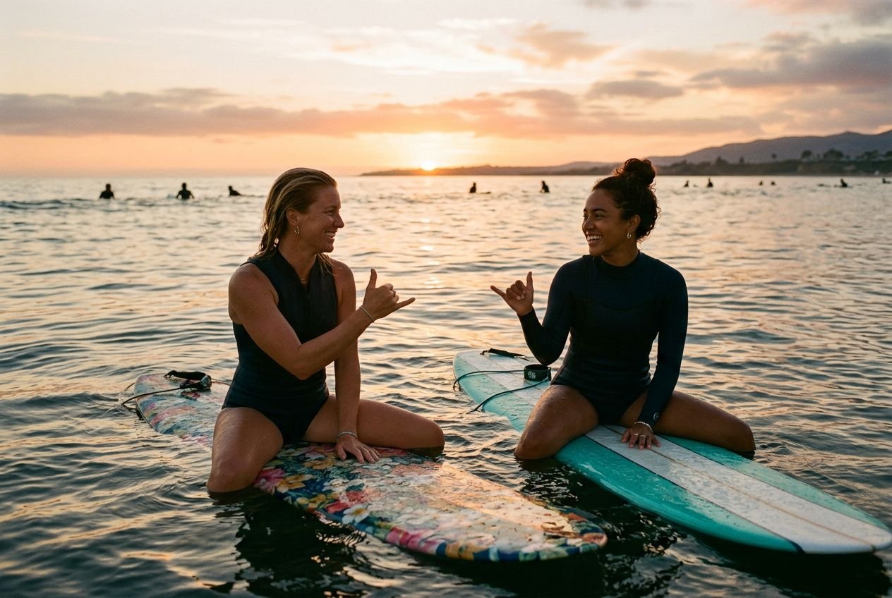Dos surfistas sentadas sobre sus tablas en la orilla al atardecer, charlando y señalando con amabilidad. Reglas básicas del surf para avanzar con seguridad.