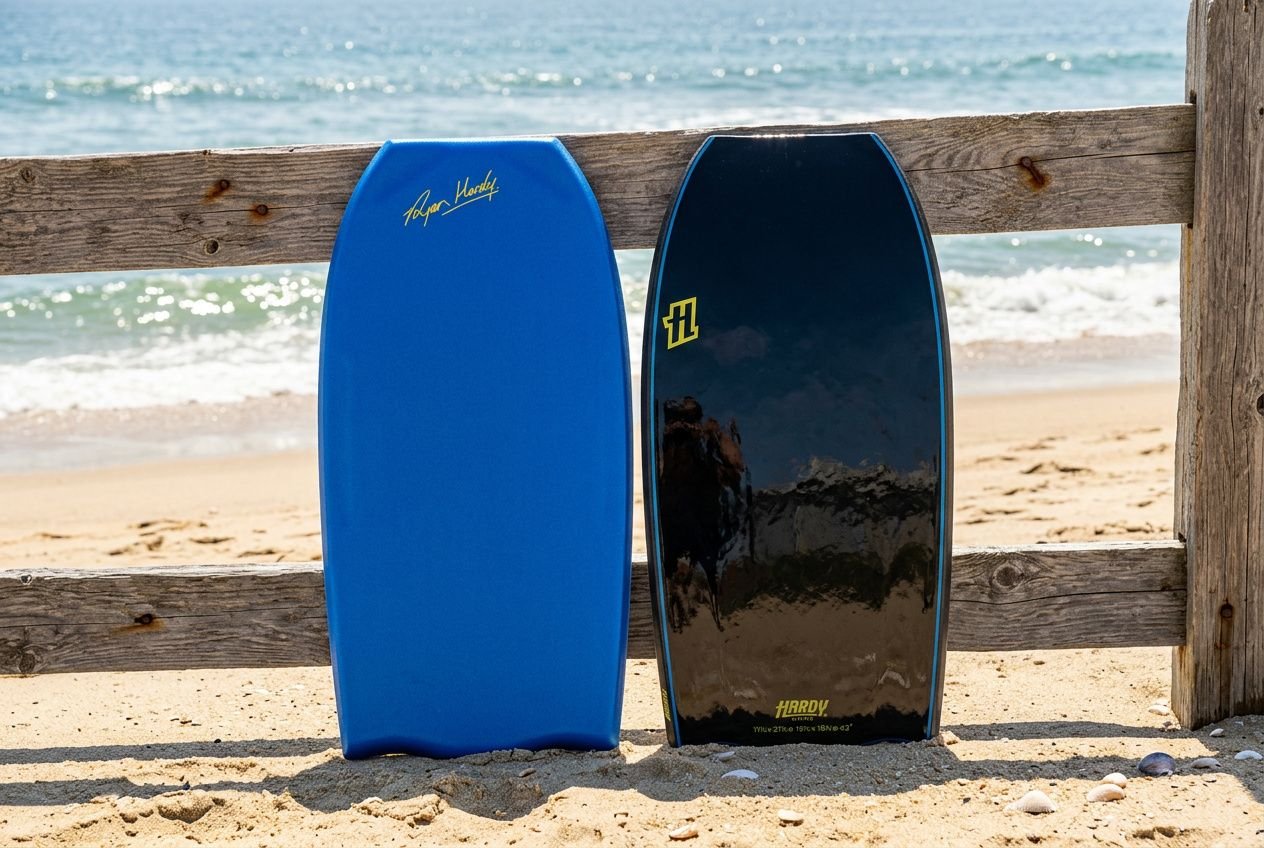 Due bodyboard in spiaggia appoggiati a una barriera: una tavola azzurra liscia e una nera lucida, con mare e sabbia sullo sfondo. bodyboard quale scegliere è presente come contesto.