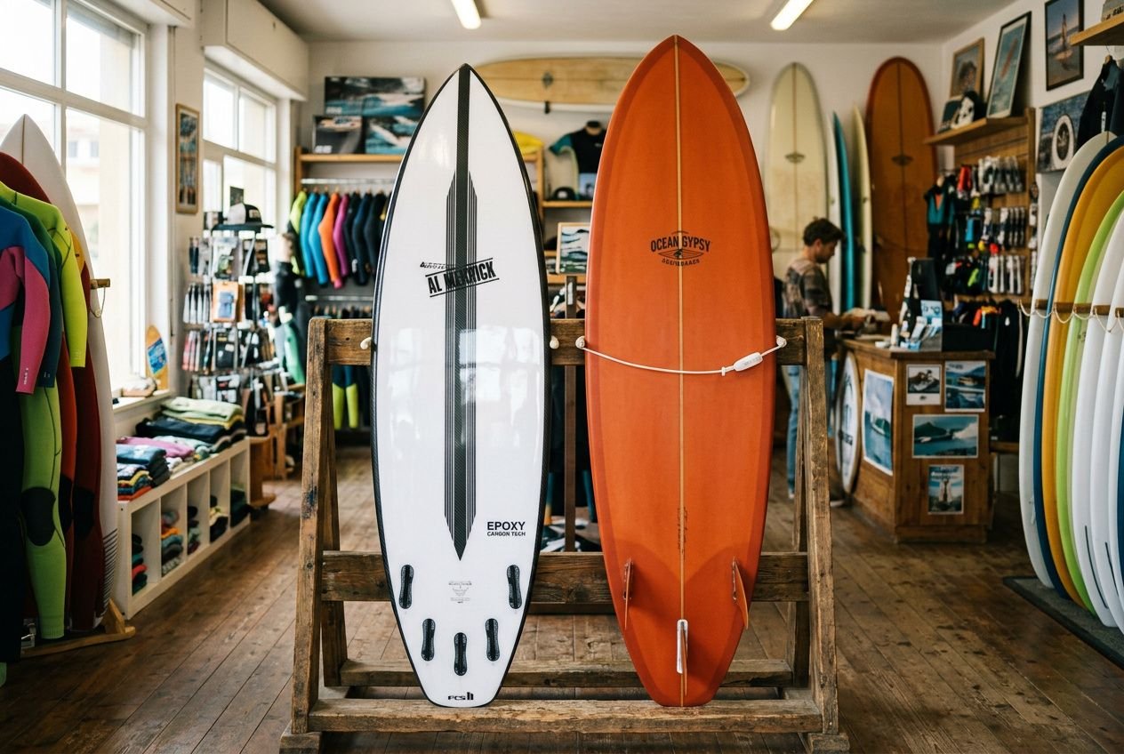 Due tavole da surf in esposizione: una bianca con finitura epoxy e una arancione, in un negozio di tavole con accessori e altre tavole sullo sfondo. Tavola surf epoxy al centro.