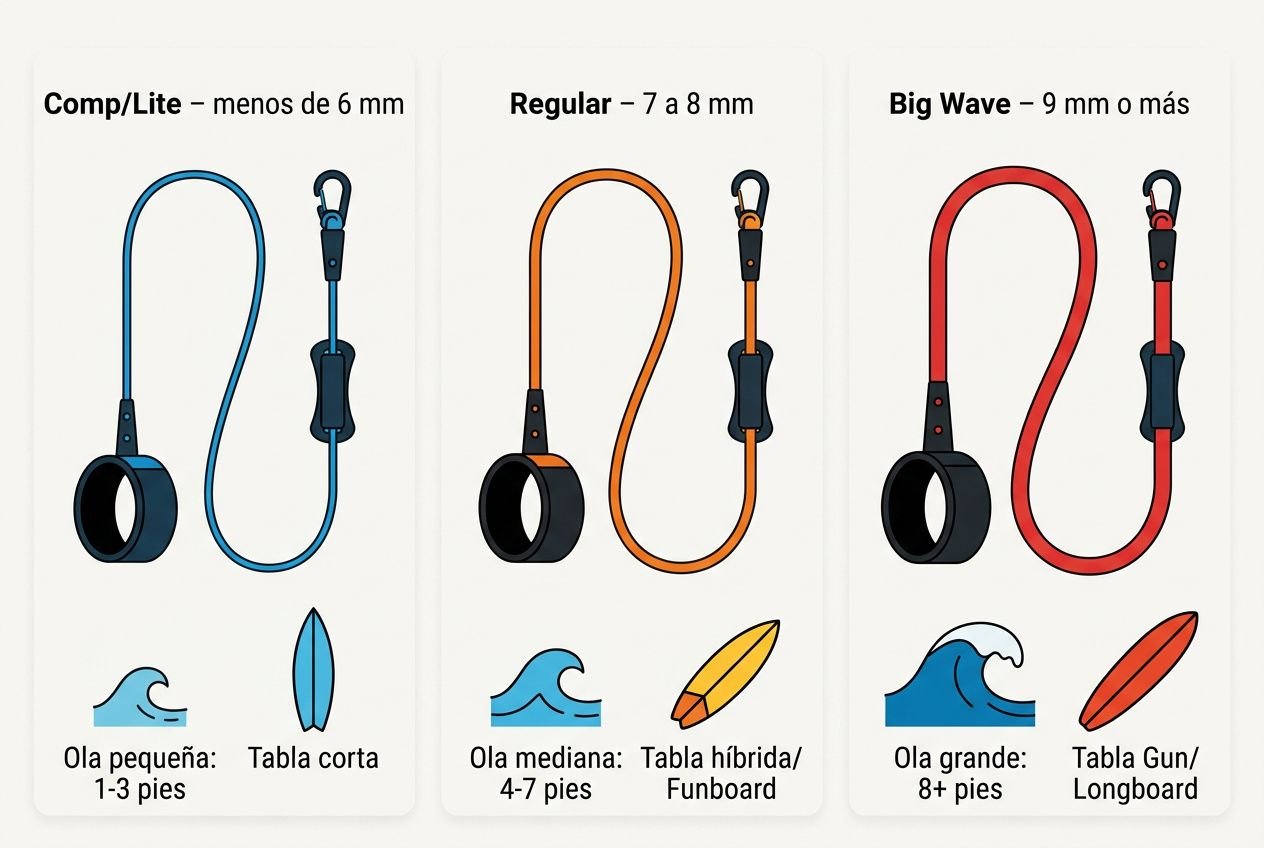 Cómo elegir el leash de surf: diagramas de Comp/Lite, Regular y Big Wave con longitudes, grosor y tablas correspondientes para cada tipo de tabla y ola.