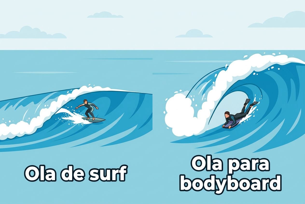 Figura con dos paneles: ola grande para “Ola de surf” a la izquierda y surfista en posición de bodyboard para “Ola para bodyboard” a la derecha. Incluye texto destacado. Integrar: diferencia entre bodyboard y surf.