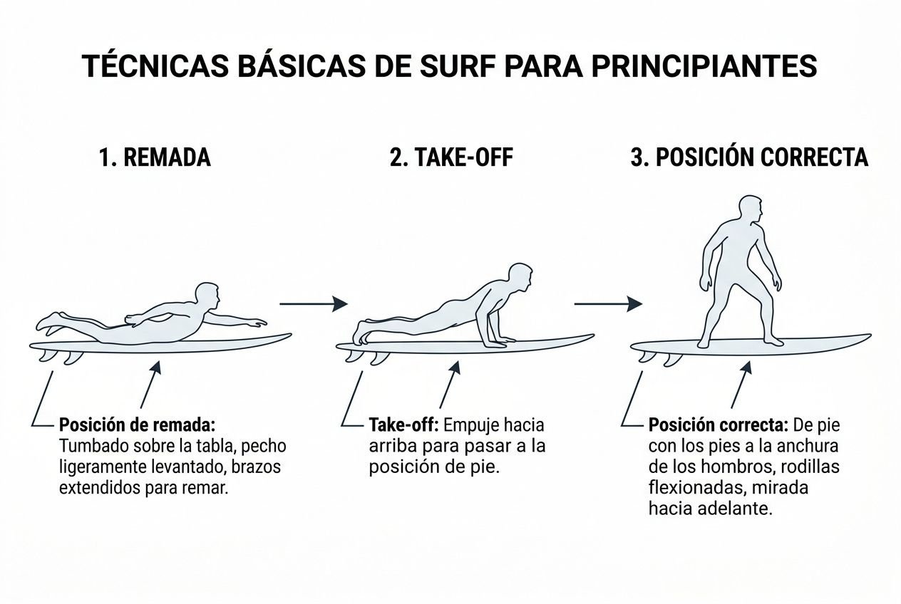 Guía visual de técnicas básicas de surf para principiantes: remada, take-off y posición correcta sobre la tabla con instructivo gráfico. qué necesito para empezar a surfear incluyen conceptos de postura y pasos iniciales.