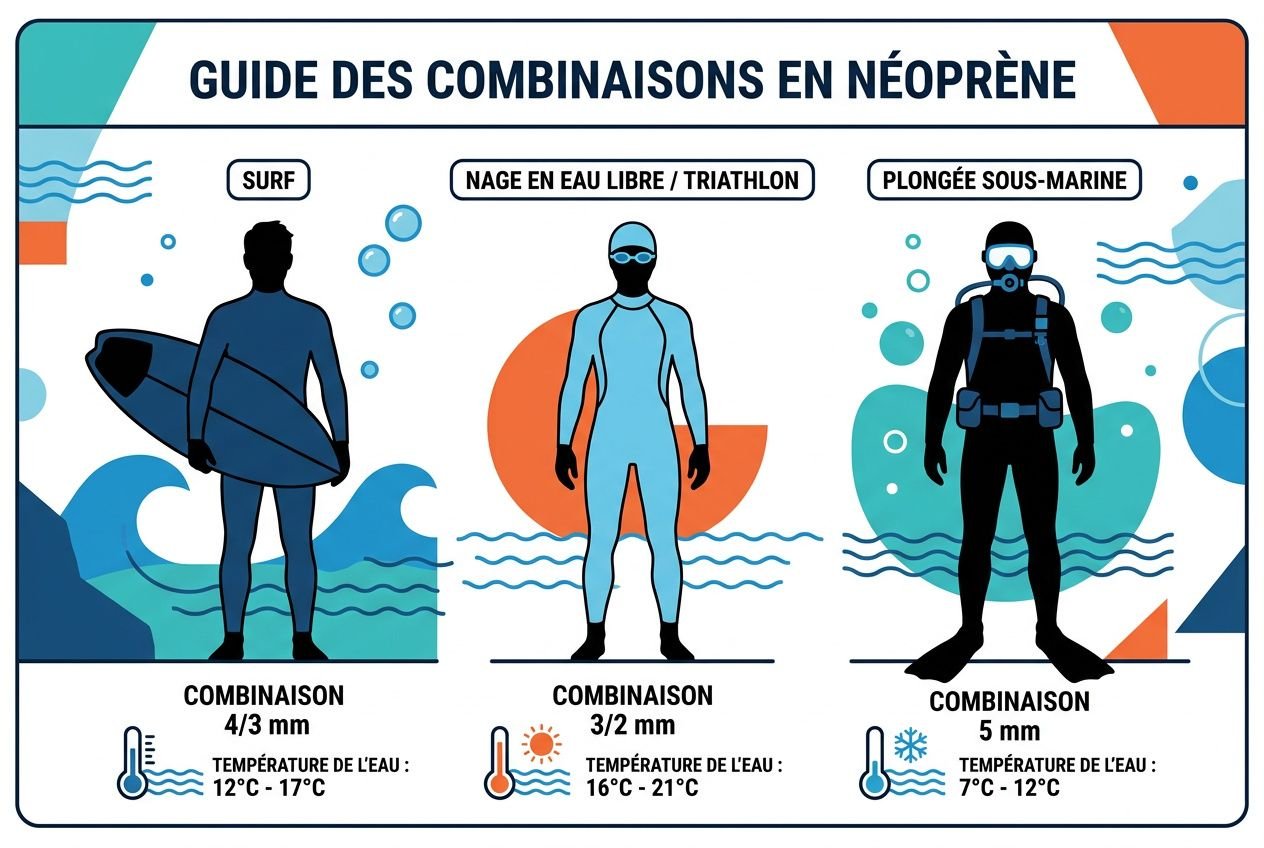 Guide des combinaisons en néoprène: trois silhouettes affichant 3/2 mm, 4/3 mm et 5/4 mm selon température. Température eau et usages (surf, natation, plongée). épaisseur combinaison néoprène.