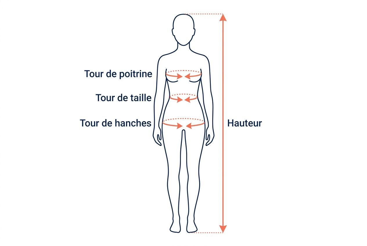 Guide taille combinaison surf : schéma corporel indiquant tournures poitrines, taille et hanches, avec hauteur du corps et flèches de mesures.
