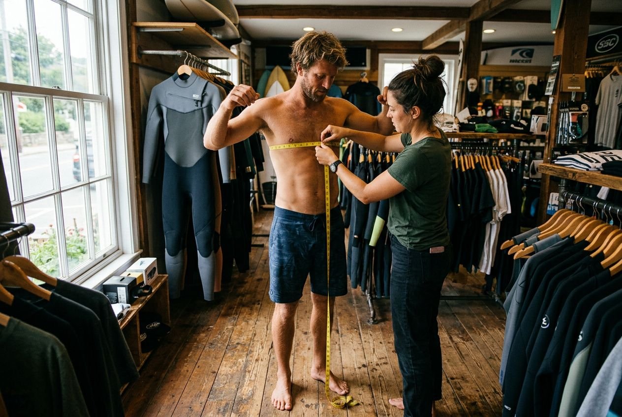 Homme mesuré par une vendeuse dans une boutique de surf, en jean et torse nu, mesurant sa hauteur avec un mètre ruban.