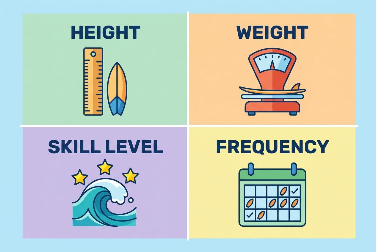 How to choose a surfboard for kids: beginner guide visual showing height and surfboard icon, weight on scale, skill level with waves, and a calendar for frequency.