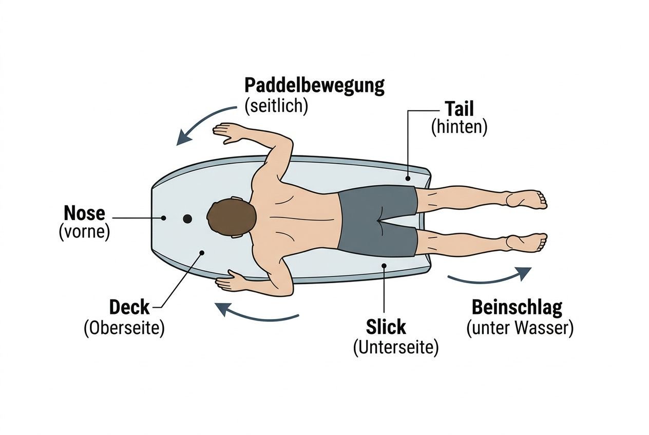 Illustration eines Bodyboarders auf einem Bodyboard von oben, mit Beschriftungen: Nase, Deck, Slick, Schwanz, Beinsschlag, Paddelbewegung, Taille; Kontext: Anfängervideo zum bodyboarden lernen für anfänger.