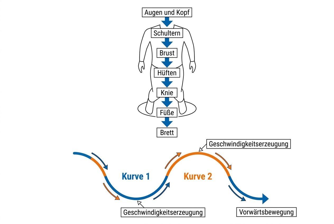 Illustration zeigt menschliche Figur mit Beschriftungen von Kopf bis Fuß zum Surfskate-Training; darunter Kurven Diagramm mit Beschriftungen Geschwindigkeitserzeugung und Vorwärtsbewegung. Text integriert: surfskate fahren lernen.